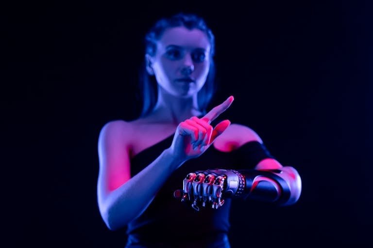 a woman showcasing transhuman biotechnology.