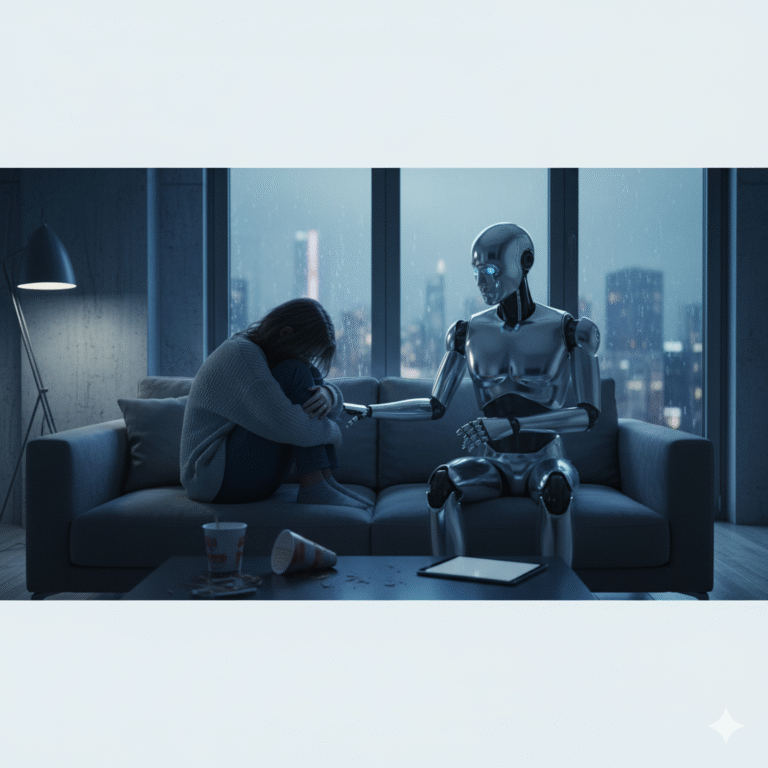 an image depicting a sad and lonely girl in a modern apartment with a humanoid robot companion